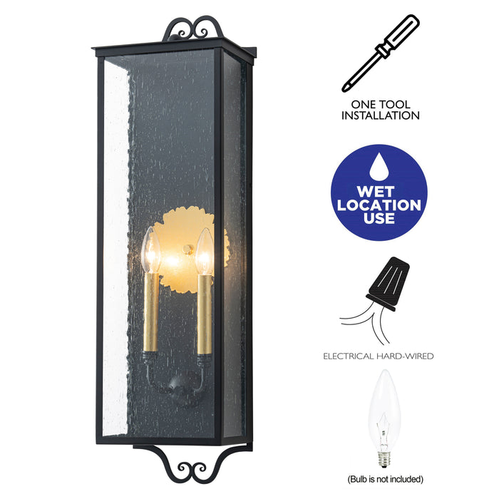 30.25 in. Black Outdoor Wall Lantern Sconce with Seeded Glass and Gold Accent