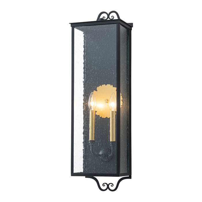 30.25 in. Black Outdoor Wall Lantern Sconce with Seeded Glass and Gold Accent