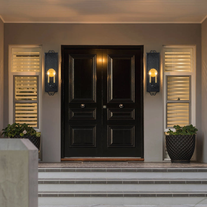 30.25 in. Black Outdoor Wall Lantern Sconce with Seeded Glass and Gold Accent