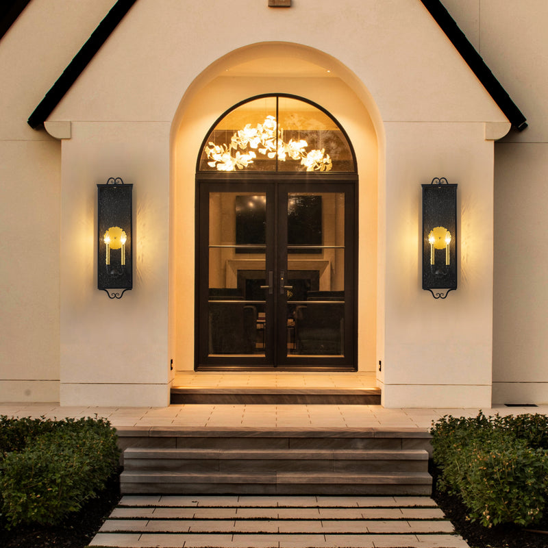 30.25 in. Black Outdoor Wall Lantern Sconce with Seeded Glass and Gold Accent
