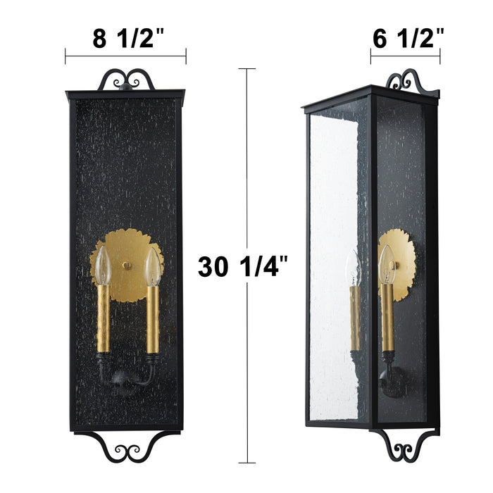 30.25 in. Black Outdoor Wall Lantern Sconce with Seeded Glass and Gold Accent