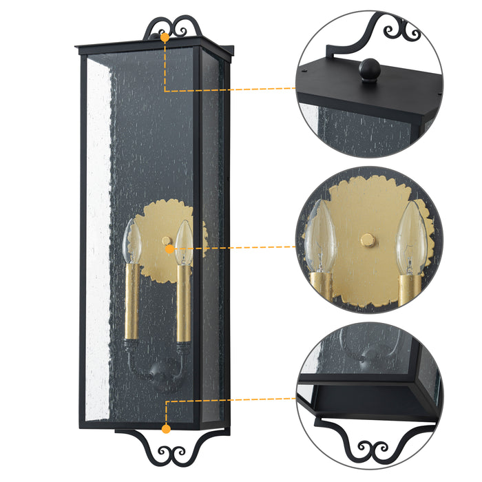 30.25 in. Black Outdoor Wall Lantern Sconce with Seeded Glass and Gold Accent