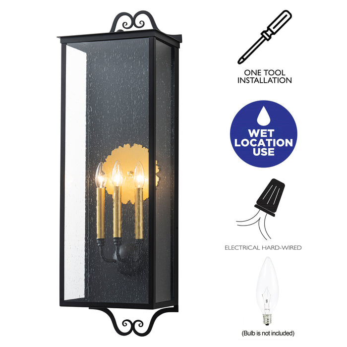 35.25 in. Black Outdoor Wall Lantern Sconce with Seeded Glass and Gold Accent