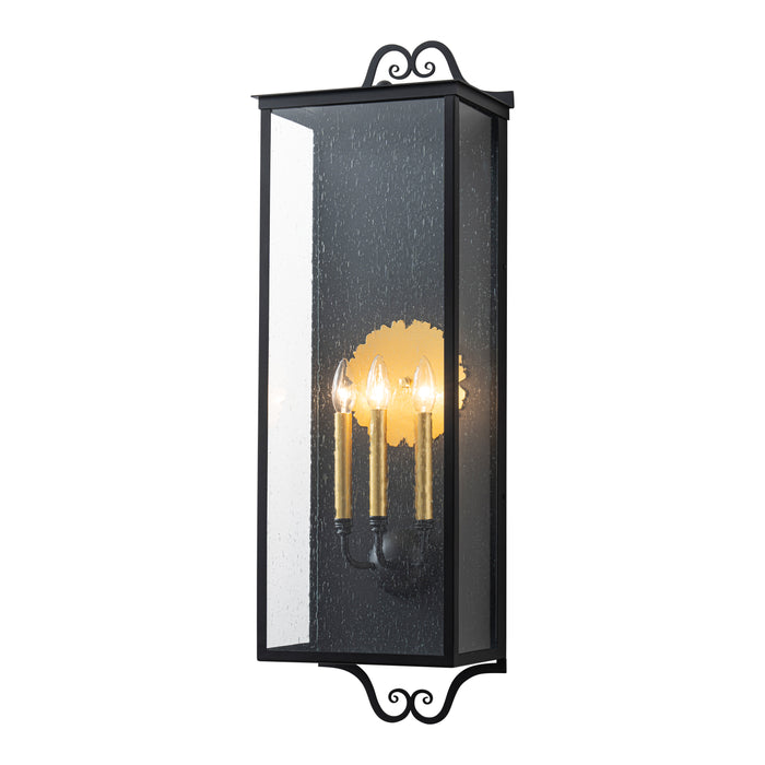 35.25 in. Black Outdoor Wall Lantern Sconce with Seeded Glass and Gold Accent