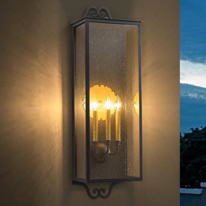 35.25 in. Black Outdoor Wall Lantern Sconce with Seeded Glass and Gold Accent