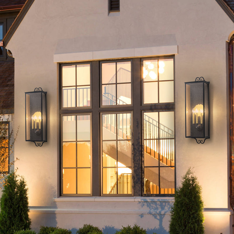 35.25 in. Black Outdoor Wall Lantern Sconce with Seeded Glass and Gold Accent