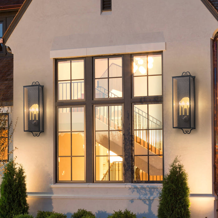 35.25 in. Black Outdoor Wall Lantern Sconce with Seeded Glass and Gold Accent