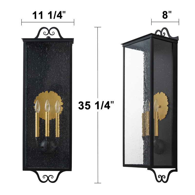 35.25 in. Black Outdoor Wall Lantern Sconce with Seeded Glass and Gold Accent