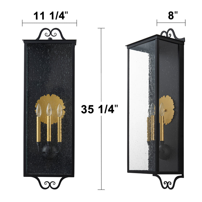 35.25 in. Black Outdoor Wall Lantern Sconce with Seeded Glass and Gold Accent