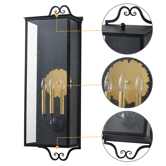 35.25 in. Black Outdoor Wall Lantern Sconce with Seeded Glass and Gold Accent