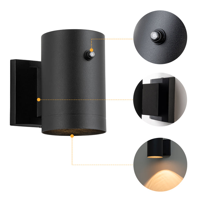 Black Aluminum Dusk to Dawn Cylinder Outdoor Wall Lantern Sconce (2-Pack)