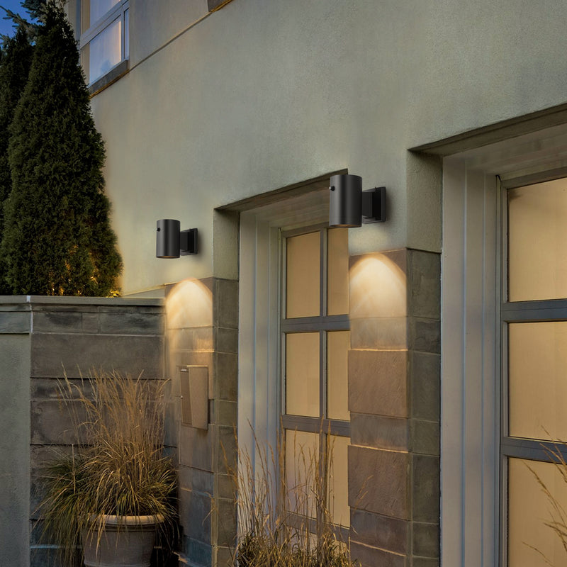 Black Aluminum Dusk to Dawn Cylinder Outdoor Wall Lantern Sconce (2-Pack)