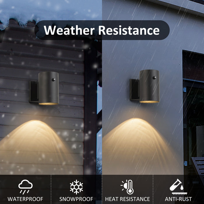Black Aluminum Dusk to Dawn Cylinder Outdoor Wall Lantern Sconce (2-Pack)