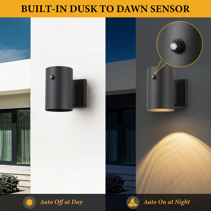 Black Aluminum Dusk to Dawn Cylinder Outdoor Wall Lantern Sconce (2-Pack)