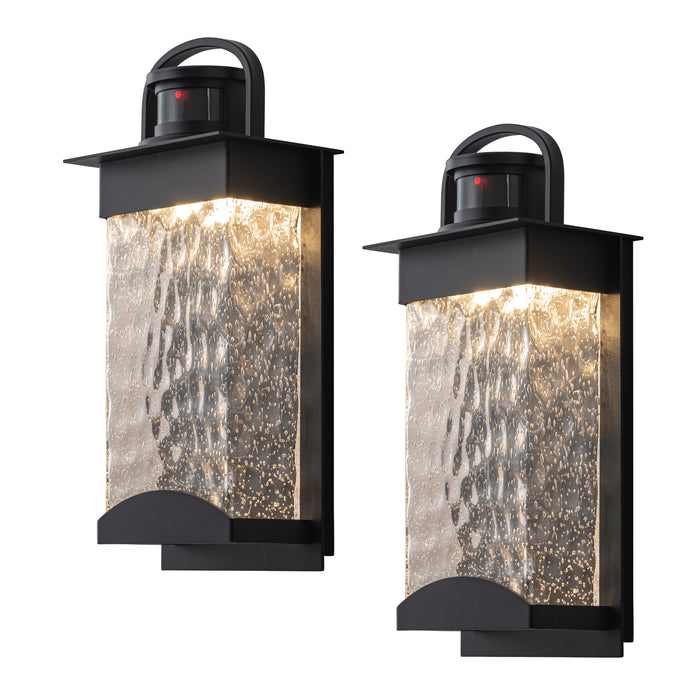 Black Motion Sensor Dusk to Dawn Outdoor Wall Lantern Sconce with Bubbled Water Glass (2-Pack)