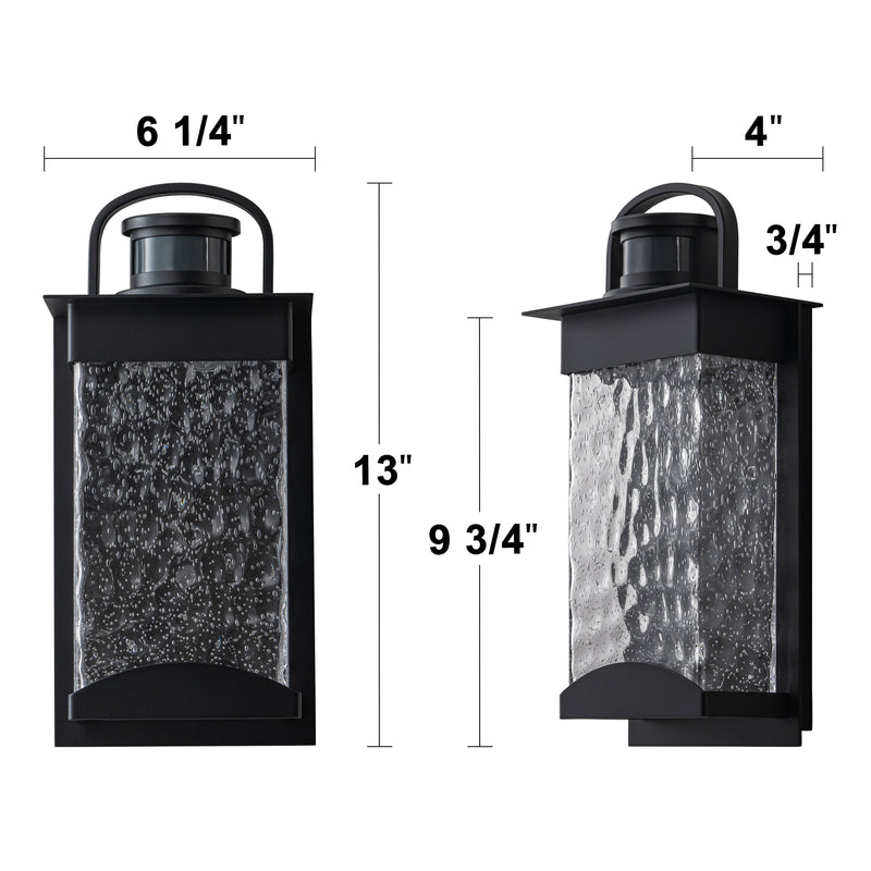 Black Motion Sensor Dusk to Dawn Outdoor Wall Lantern Sconce with Bubbled Water Glass (2-Pack)