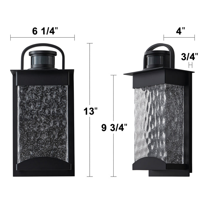 Black Motion Sensor Dusk to Dawn Outdoor Wall Lantern Sconce with Bubbled Water Glass (2-Pack)