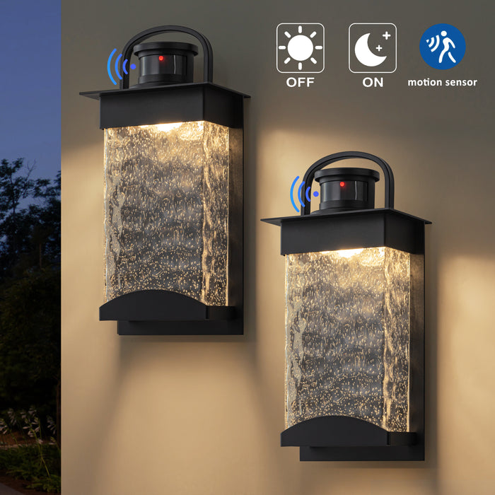 Black Motion Sensor Dusk to Dawn Outdoor Wall Lantern Sconce with Bubbled Water Glass (2-Pack)