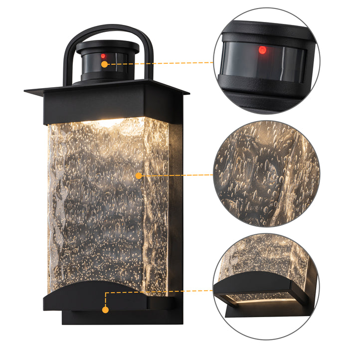 Black Motion Sensor Dusk to Dawn Outdoor Wall Lantern Sconce with Bubbled Water Glass (2-Pack)