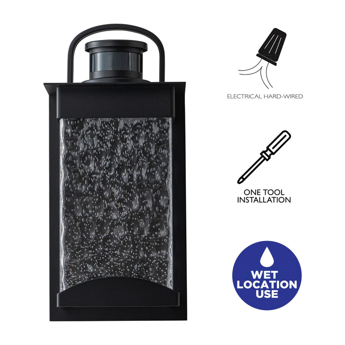 Black Motion Sensor Dusk to Dawn LED Outdoor Wall Lantern Sconce with Bubbled Water Glass