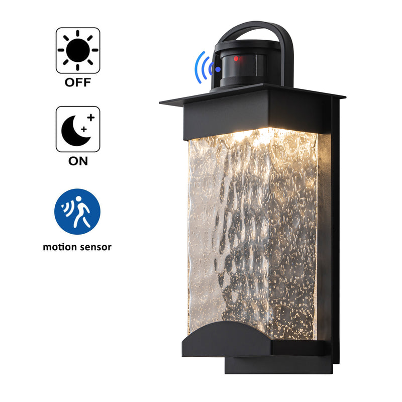 Black Motion Sensor Dusk to Dawn LED Outdoor Wall Lantern Sconce with Bubbled Water Glass