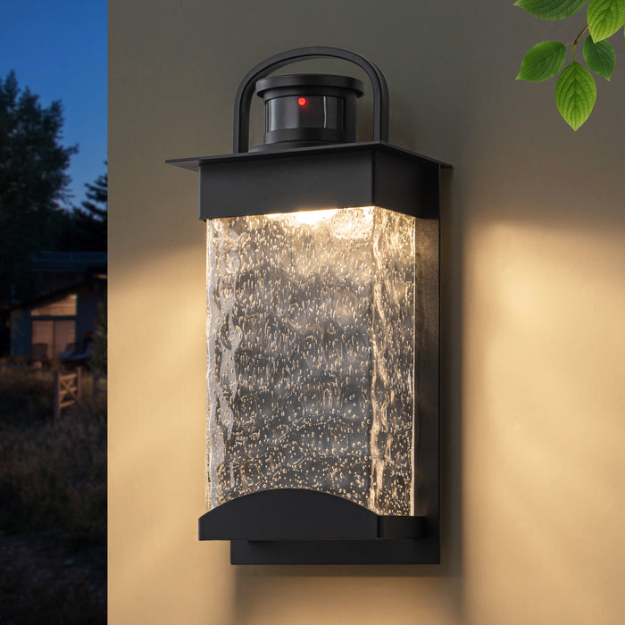 Black Motion Sensor Dusk to Dawn LED Outdoor Wall Lantern Sconce with Bubbled Water Glass