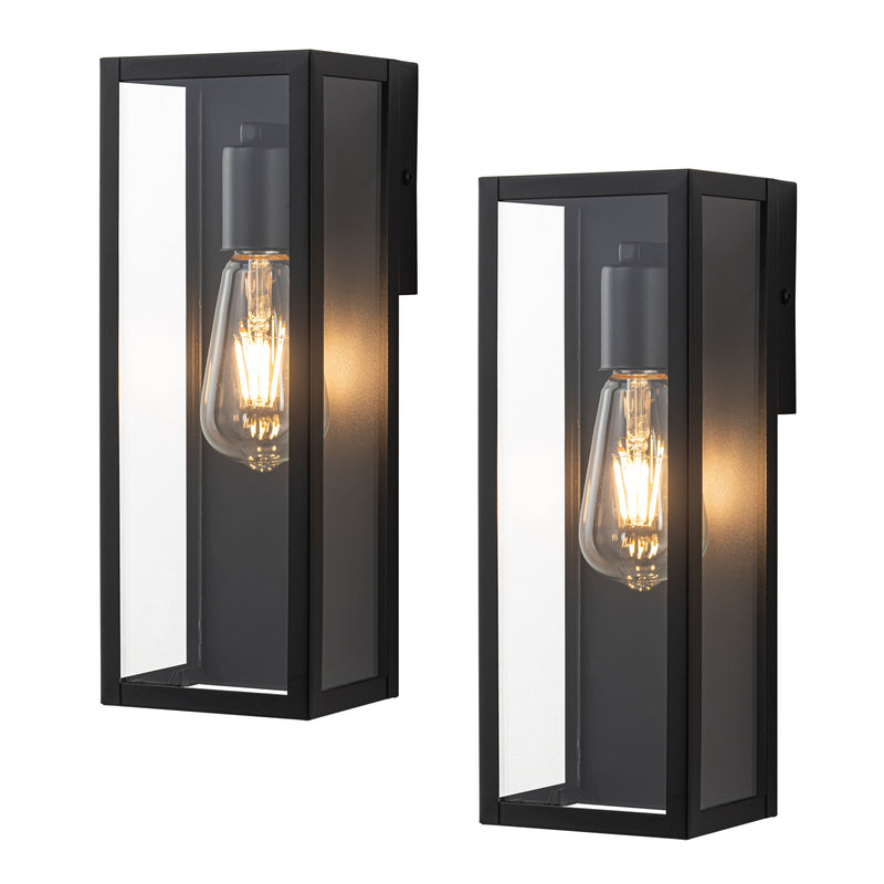Black Outdoor Wall Lantern Sconce with Clear Tempered Glass (2-Pack)