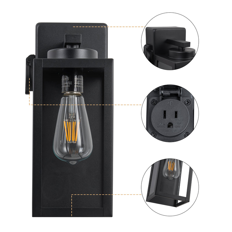 2-Pack 12.5in. Matte Black Outdoor Wall Lantern Sconce with Built-in Outlet