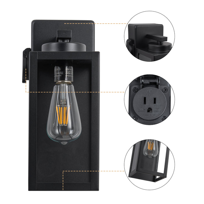 2-Pack 12.5in. Matte Black Outdoor Wall Lantern Sconce with Built-in Outlet