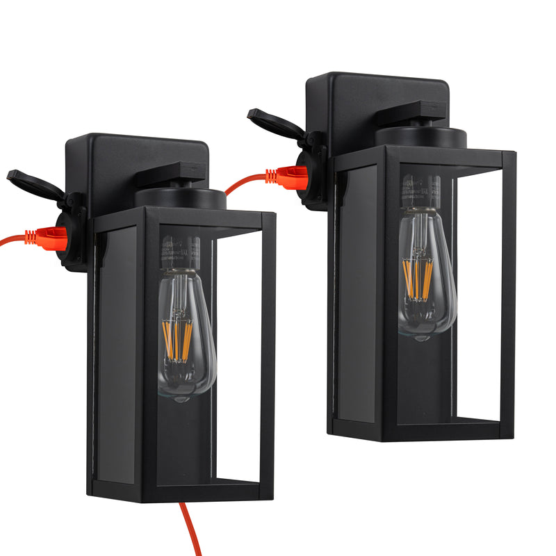 2-Pack 12.5in. Matte Black Outdoor Wall Lantern Sconce with Built-in Outlet