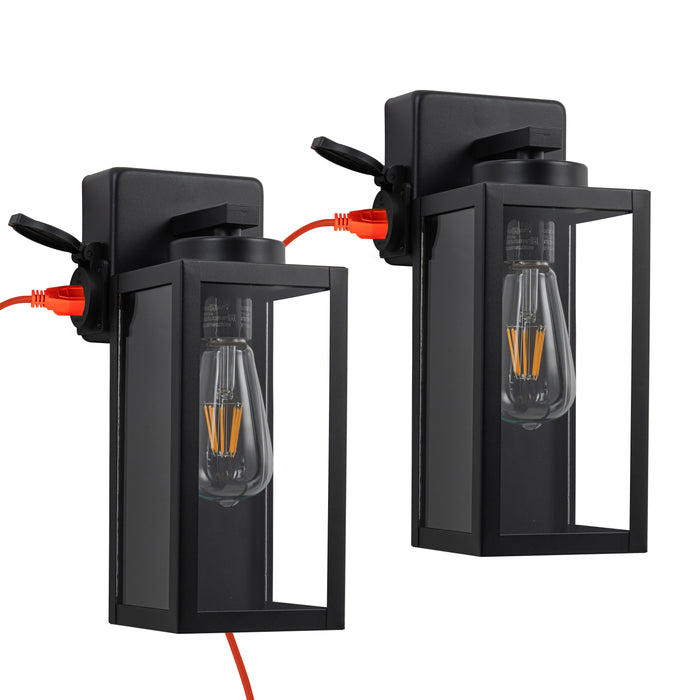 2-Pack 12.5in. Matte Black Outdoor Wall Lantern Sconce with Built-in Outlet