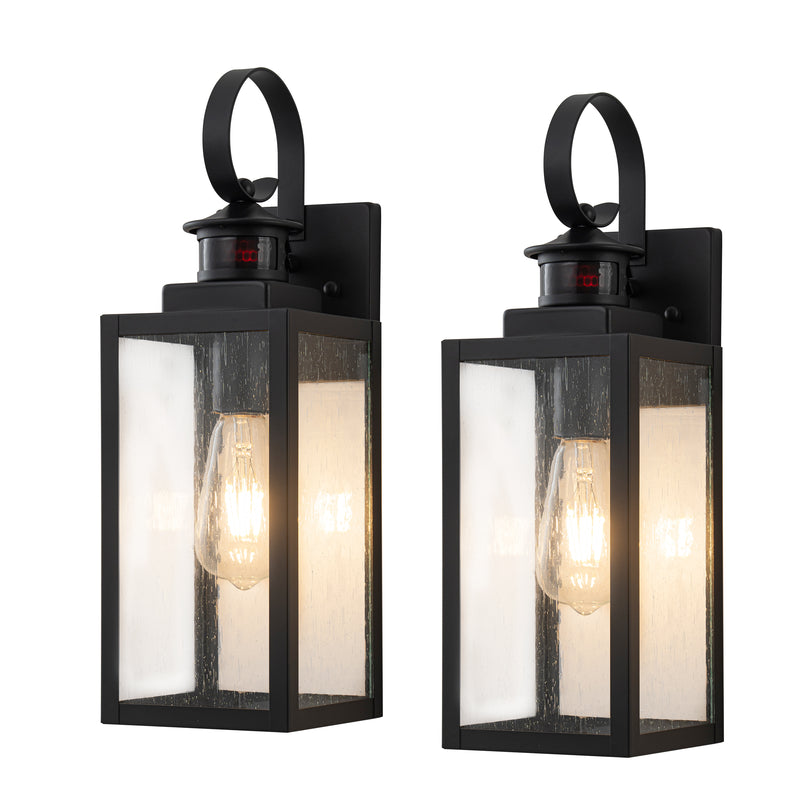 2-Pack 16.75in Matte Black Motion Sensor & Dusk to Dawn Outdoor Wall Lantern with Seeded Glass