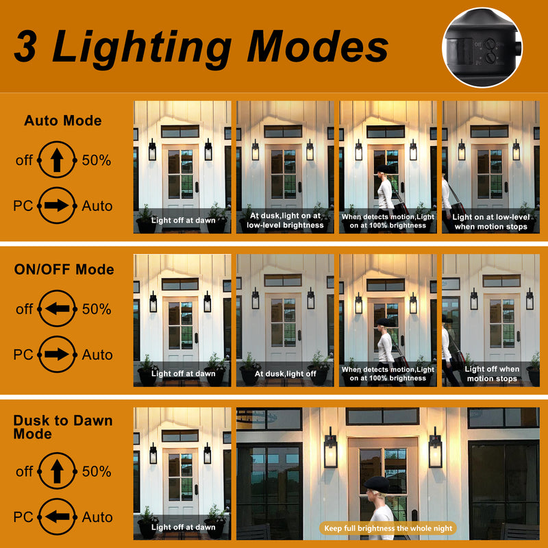 2-Pack 16.75in Matte Black Motion Sensor & Dusk to Dawn Outdoor Wall Lantern with Seeded Glass