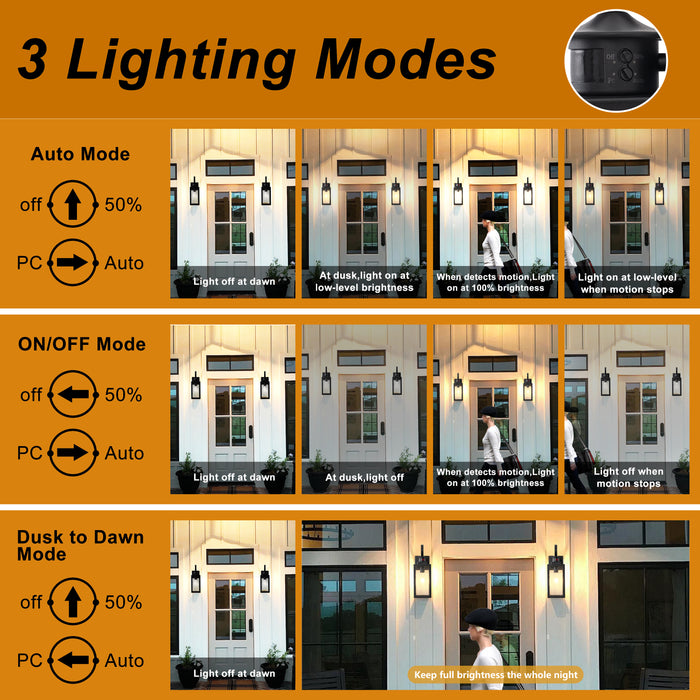2-Pack 16.75in Matte Black Motion Sensor & Dusk to Dawn Outdoor Wall Lantern with Seeded Glass