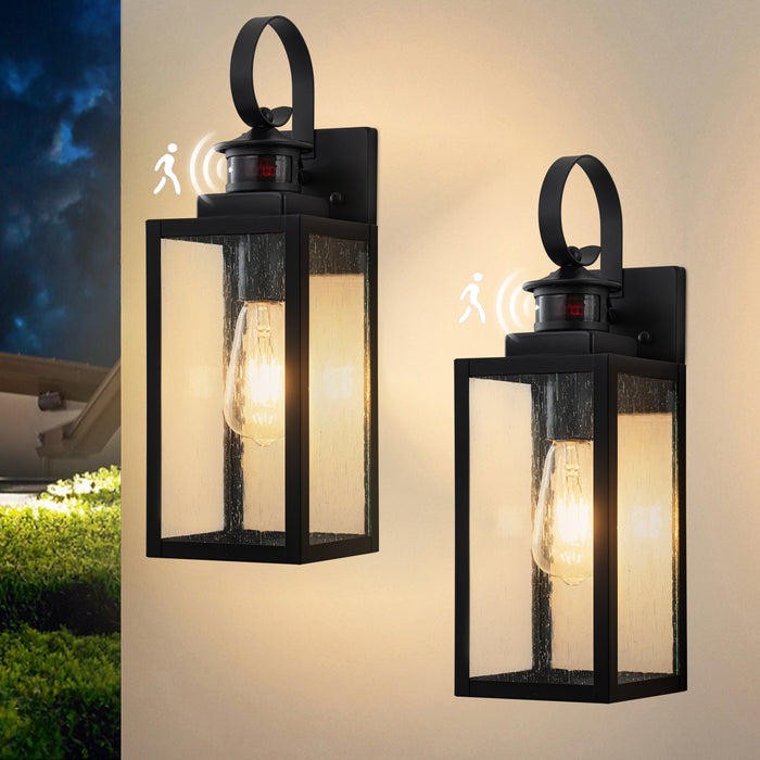 2-Pack 16.75in Matte Black Motion Sensor & Dusk to Dawn Outdoor Wall Lantern with Seeded Glass