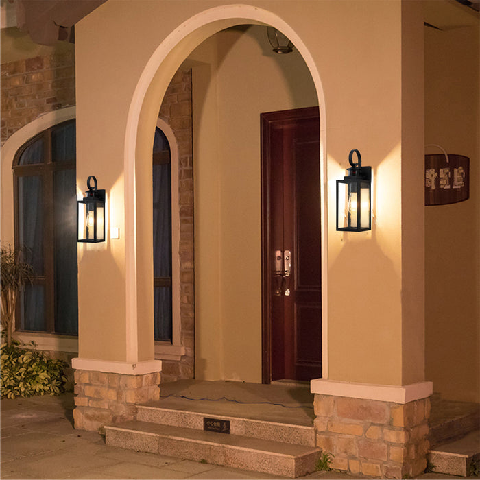 2-Pack 16.75in Matte Black Motion Sensor & Dusk to Dawn Outdoor Wall Lantern with Seeded Glass