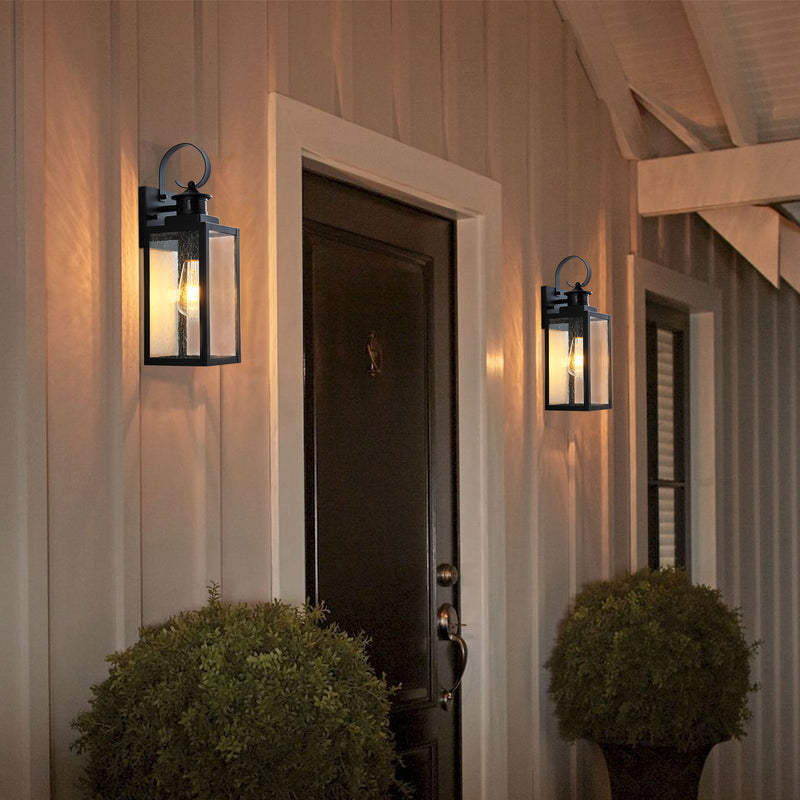 2-Pack 16.75in Matte Black Motion Sensor & Dusk to Dawn Outdoor Wall Lantern with Seeded Glass