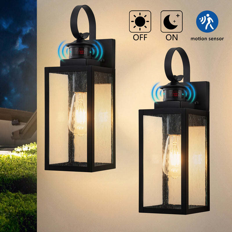 2-Pack 16.75in Matte Black Motion Sensor & Dusk to Dawn Outdoor Wall Lantern with Seeded Glass