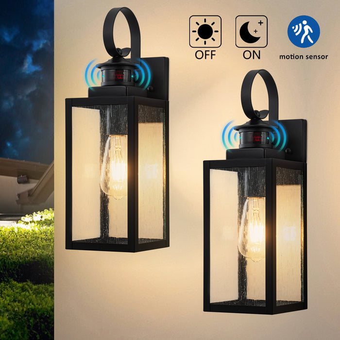 2-Pack 16.75in Matte Black Motion Sensor & Dusk to Dawn Outdoor Wall Lantern with Seeded Glass