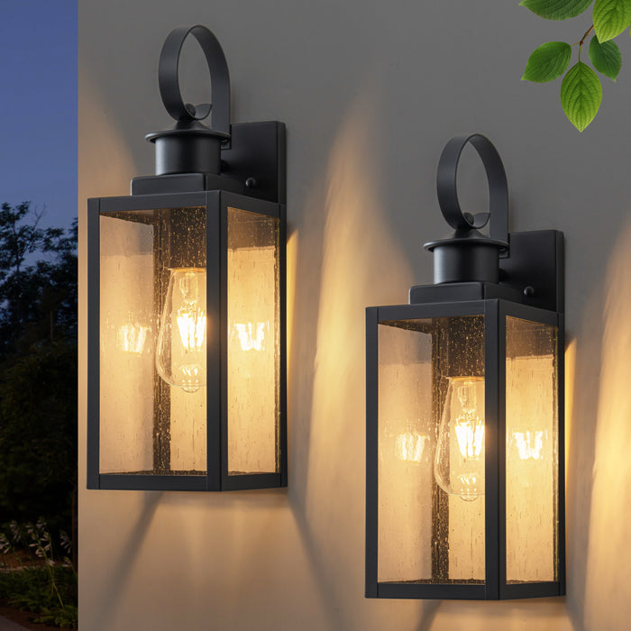 2-Pack 16.75in. Modern Matte Black Outdoor Wall Lantern Sconce with Seeded Glass