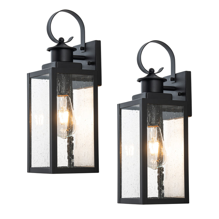 2-Pack 16.75in. Modern Matte Black Outdoor Wall Lantern Sconce with Seeded Glass