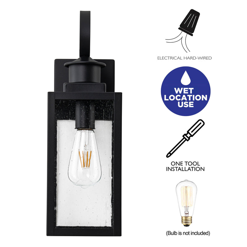 2-Pack 16.75in. Modern Matte Black Outdoor Wall Lantern Sconce with Seeded Glass