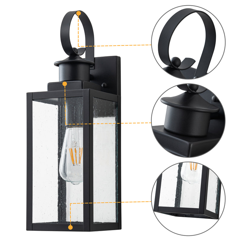 2-Pack 16.75in. Modern Matte Black Outdoor Wall Lantern Sconce with Seeded Glass
