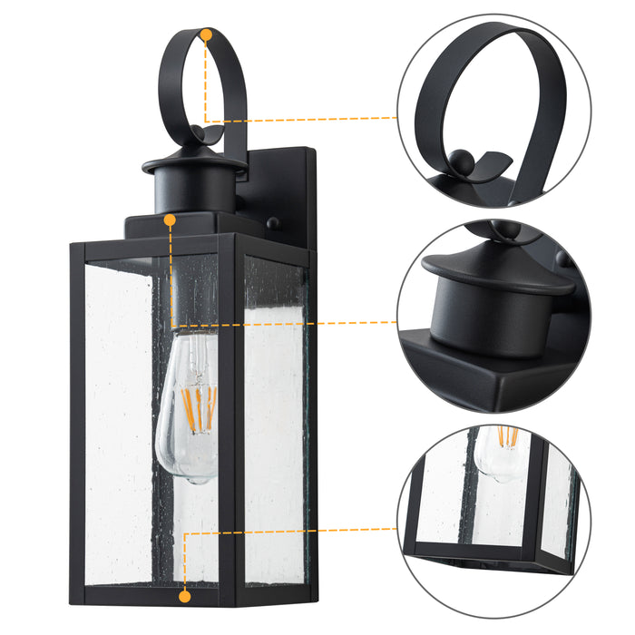 2-Pack 16.75in. Modern Matte Black Outdoor Wall Lantern Sconce with Seeded Glass