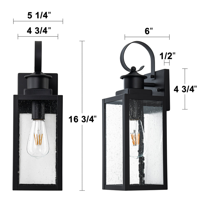 2-Pack 16.75in. Modern Matte Black Outdoor Wall Lantern Sconce with Seeded Glass