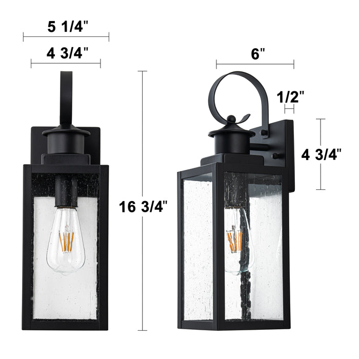 2-Pack 16.75in. Modern Matte Black Outdoor Wall Lantern Sconce with Seeded Glass
