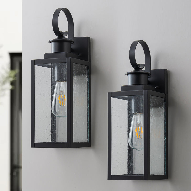 2-Pack 16.75in. Modern Matte Black Outdoor Wall Lantern Sconce with Seeded Glass