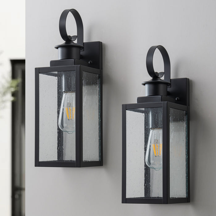 2-Pack 16.75in. Modern Matte Black Outdoor Wall Lantern Sconce with Seeded Glass