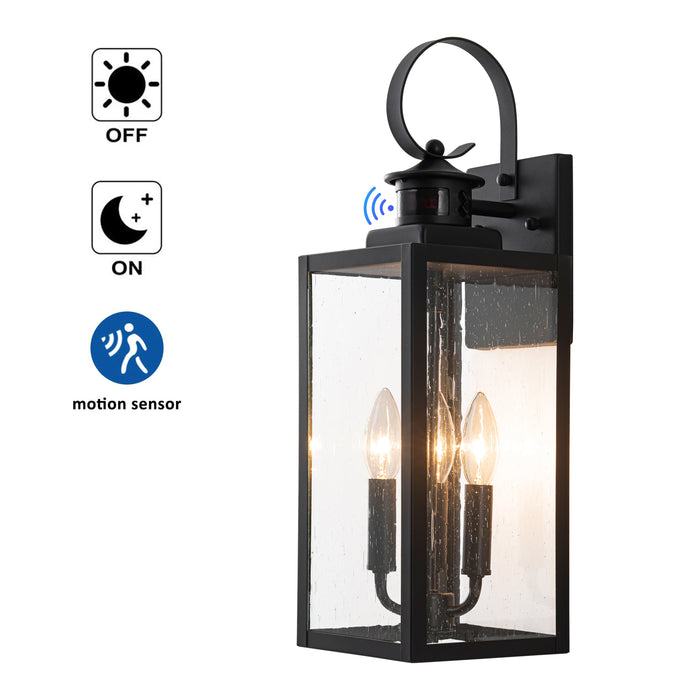 19in. 3-Light Motion Sensor & Dusk to Dawn Outdoor Wall Lantern with Seeded Glass and E12 Base Socket