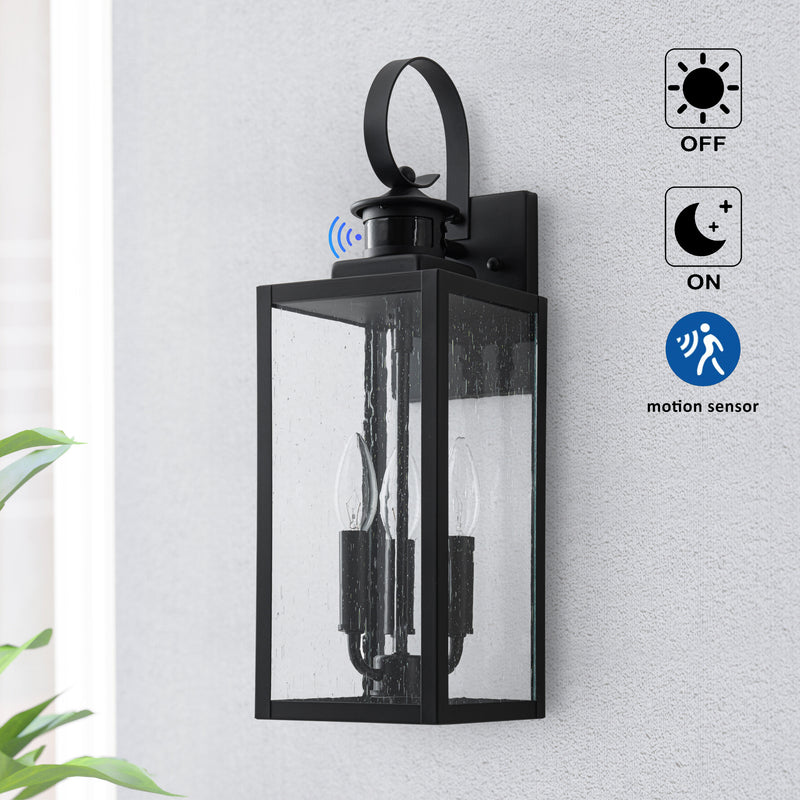 19in. 3-Light Motion Sensor & Dusk to Dawn Outdoor Wall Lantern with Seeded Glass and E12 Base Socket